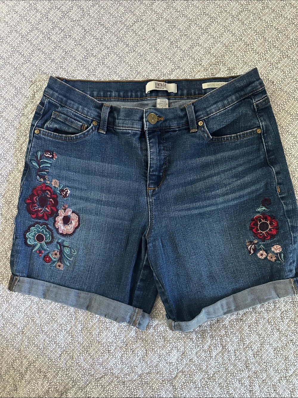Vintage America Blue Denim Shorts with Floral Embroidery